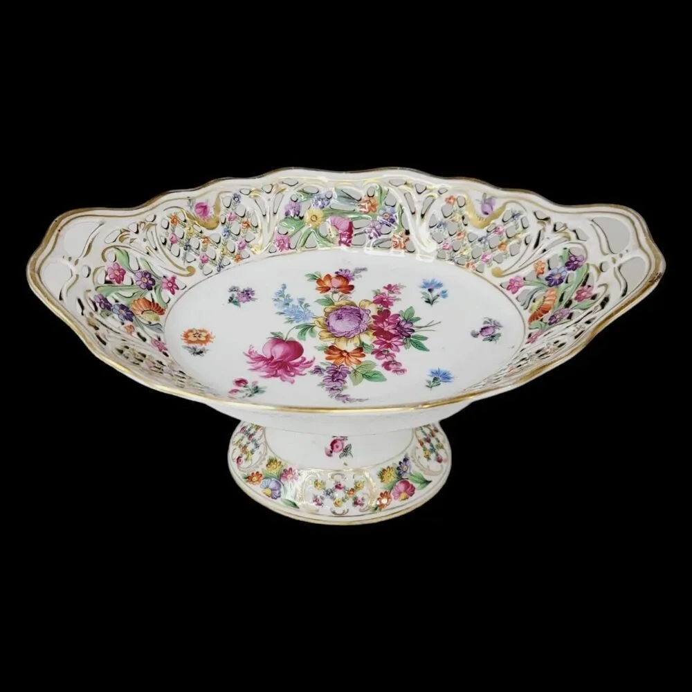 Dresden Schumann Bavaria Candy Fruit Footed Pedestal Oval Floral Bowl Compote